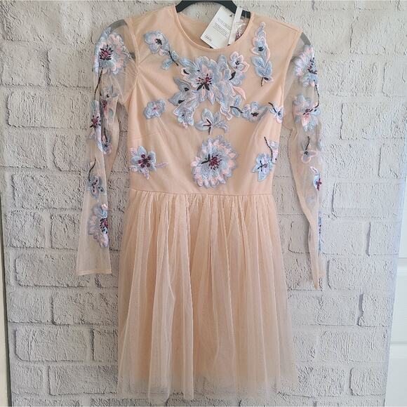 Asos Petite Pastel Pink Floral Embroidered Tulle Mini Dress NWT Size 4 - Picture 1 of 16
